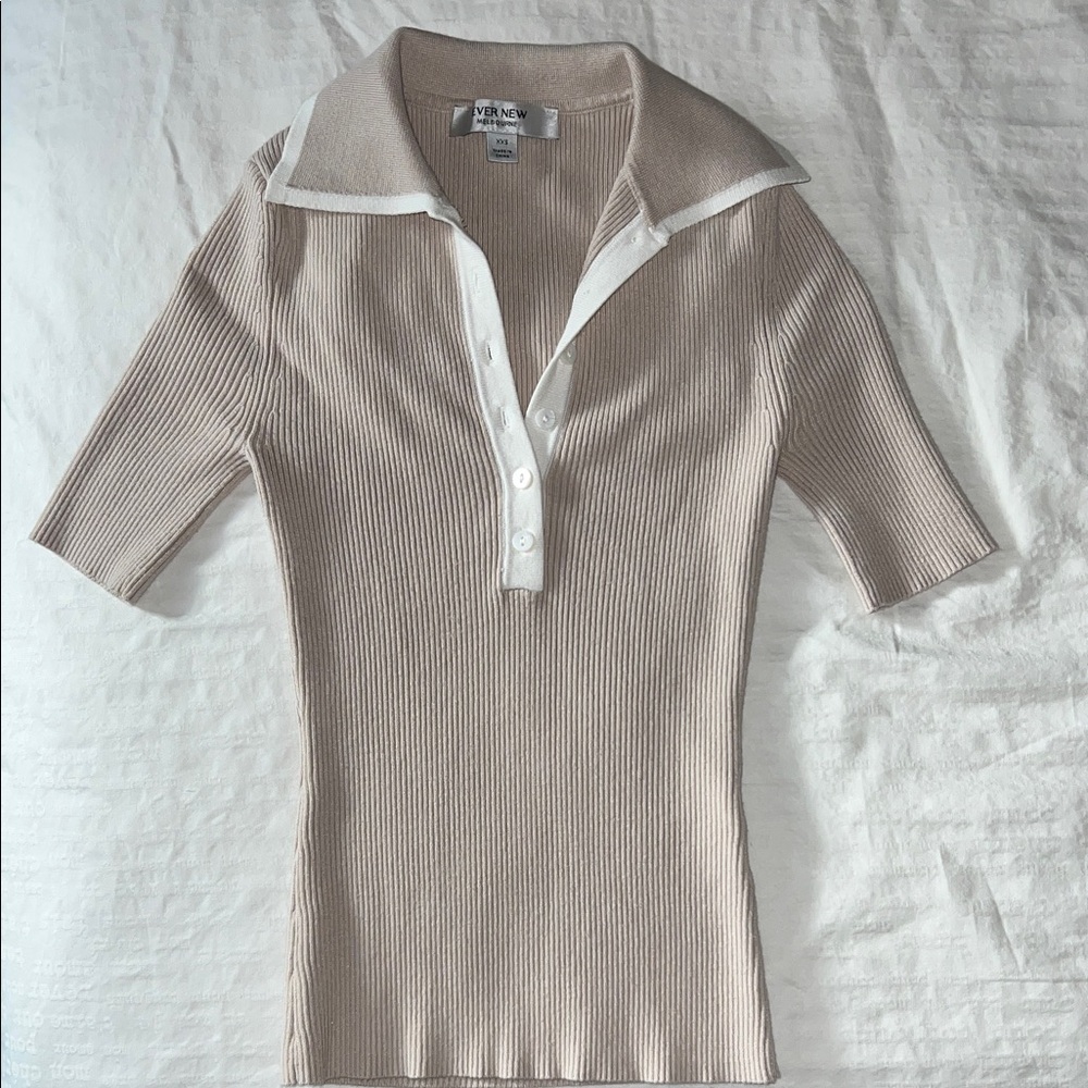 Ever New Cream Polo Sweater with White Trim